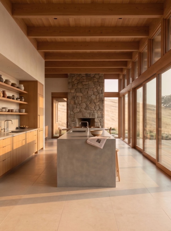 The kitchen, staged and lit for photography