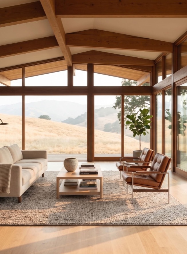 The living room, open and lit for a showing